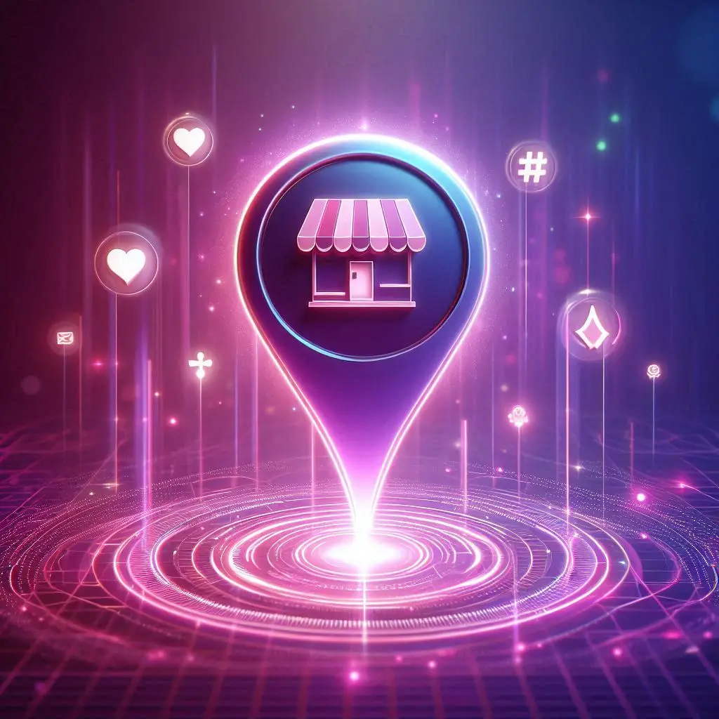 Illustration of a glowing store icon inside a digital location pin, representing Local SEO and online visibility.